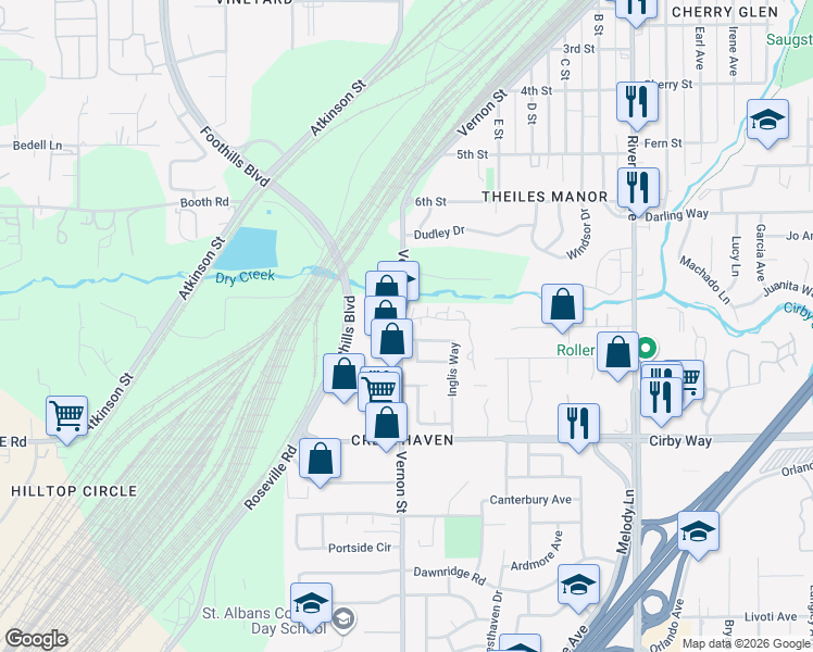 map of restaurants, bars, coffee shops, grocery stores, and more near 1675 Vernon Street in Roseville