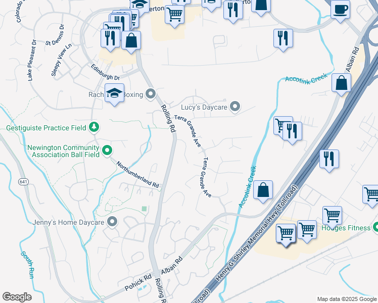 map of restaurants, bars, coffee shops, grocery stores, and more near 8263 Hornbuckle Drive in Springfield