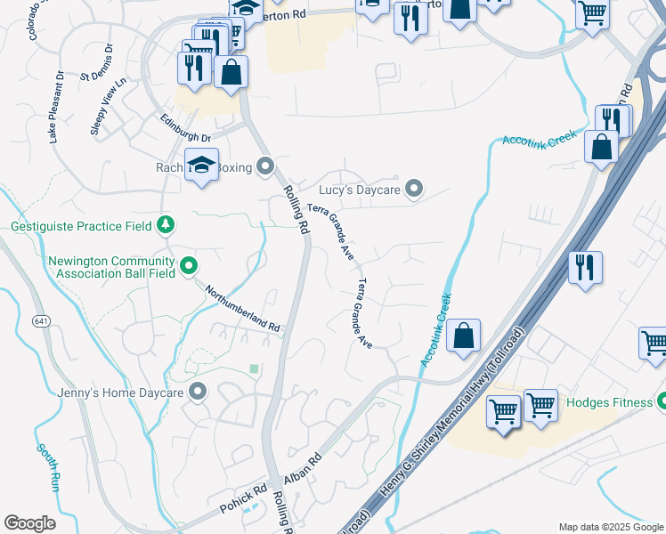 map of restaurants, bars, coffee shops, grocery stores, and more near 8263 Hornbuckle Drive in Springfield