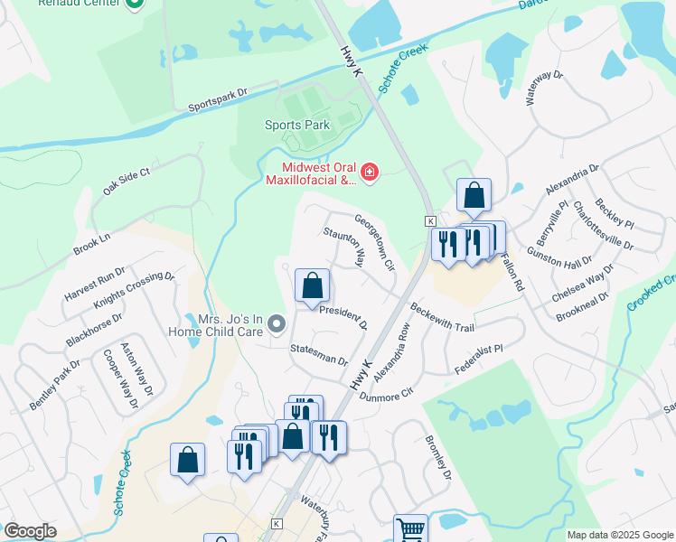 map of restaurants, bars, coffee shops, grocery stores, and more near 20 Beckewith Trail in O'Fallon