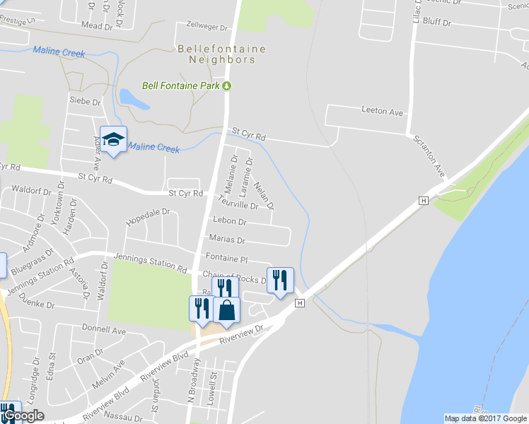 map of restaurants, bars, coffee shops, grocery stores, and more near 806 Teurville Drive in St. Louis