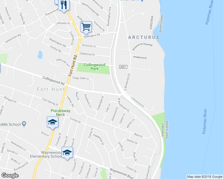 map of restaurants, bars, coffee shops, grocery stores, and more near 8234 West Boulevard Drive in Alexandria