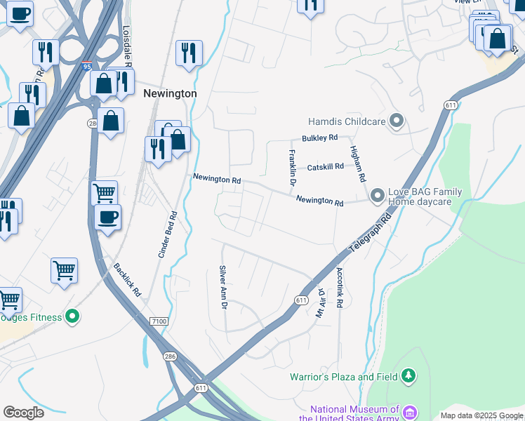 map of restaurants, bars, coffee shops, grocery stores, and more near 8221 Stationhouse Court in Lorton