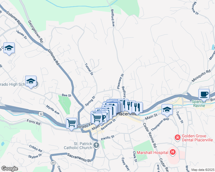map of restaurants, bars, coffee shops, grocery stores, and more near 959 Spring Street in Placerville