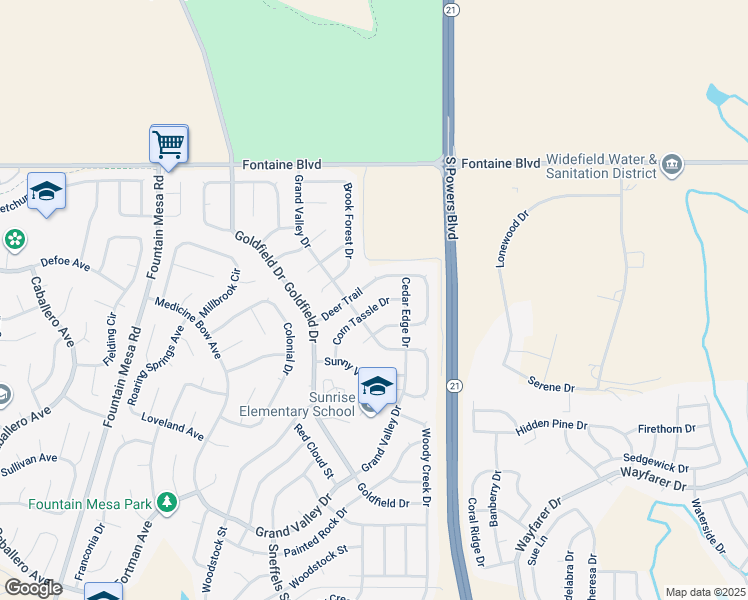 map of restaurants, bars, coffee shops, grocery stores, and more near 6860 Corn Tassle Drive in Colorado Springs