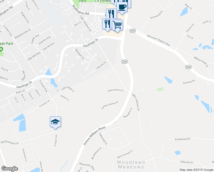 map of restaurants, bars, coffee shops, grocery stores, and more near 8420 Cabin Branch Court in Manassas
