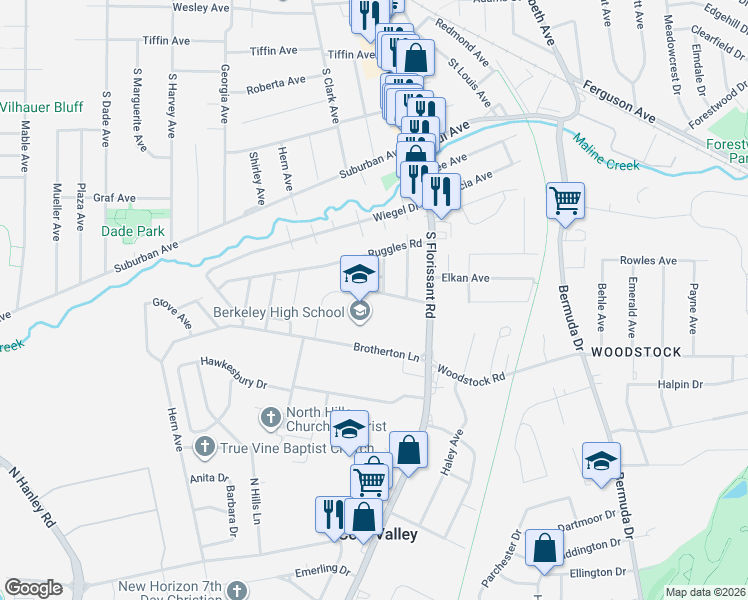 map of restaurants, bars, coffee shops, grocery stores, and more near 10 Fairview Lane in Ferguson