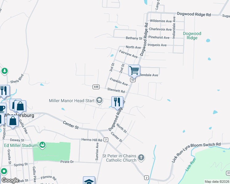 map of restaurants, bars, coffee shops, grocery stores, and more near 902 Stennett Road in Wheelersburg