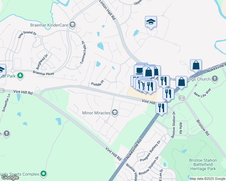 map of restaurants, bars, coffee shops, grocery stores, and more near 10262 Whistling Wind Court in Nokesville