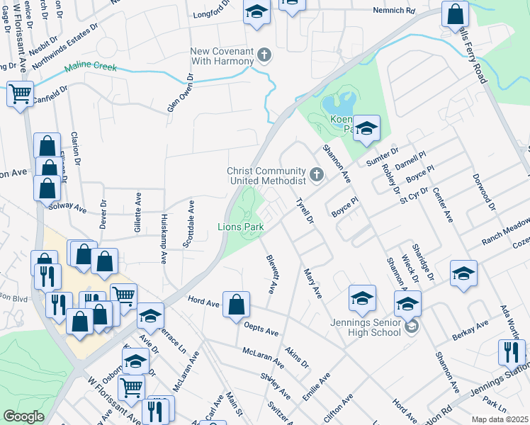 map of restaurants, bars, coffee shops, grocery stores, and more near 8735 Gramaphone Lane in Jennings