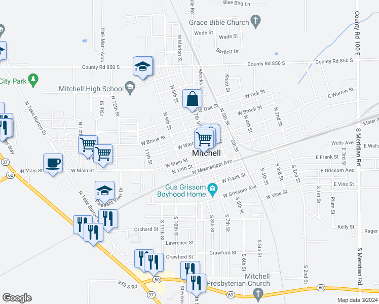 map of restaurants, bars, coffee shops, grocery stores, and more near 131 N 8th St in Mitchell