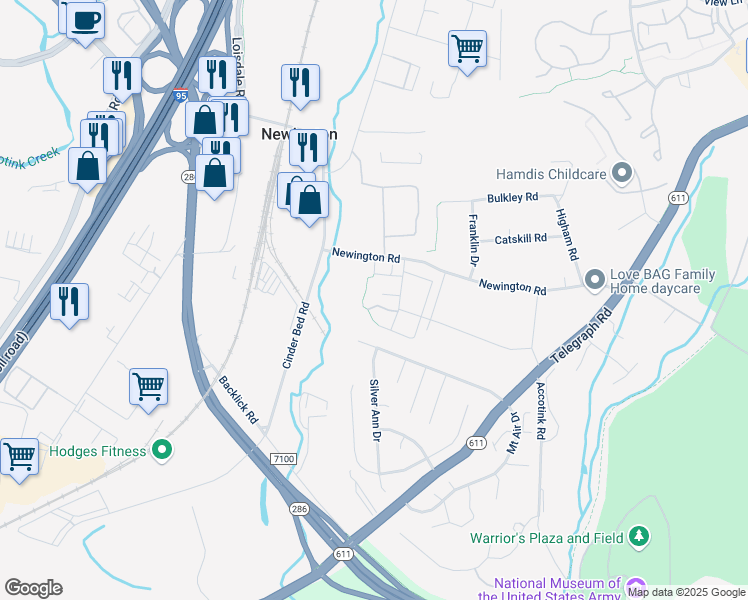 map of restaurants, bars, coffee shops, grocery stores, and more near 6921 Trestle Court in Lorton