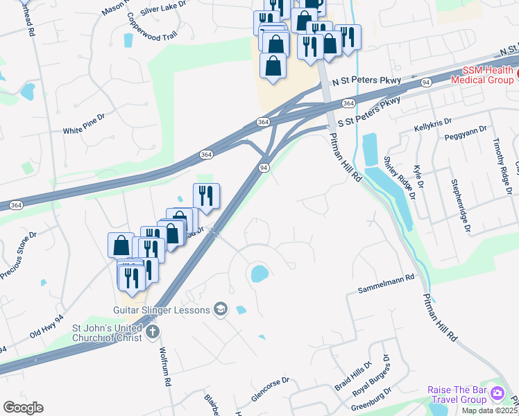 map of restaurants, bars, coffee shops, grocery stores, and more near 1432 Piedmont Circle in St. Peters