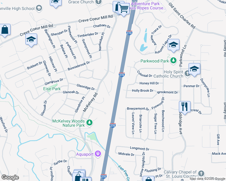 map of restaurants, bars, coffee shops, grocery stores, and more near 10 Woodfork Court in Maryland Heights