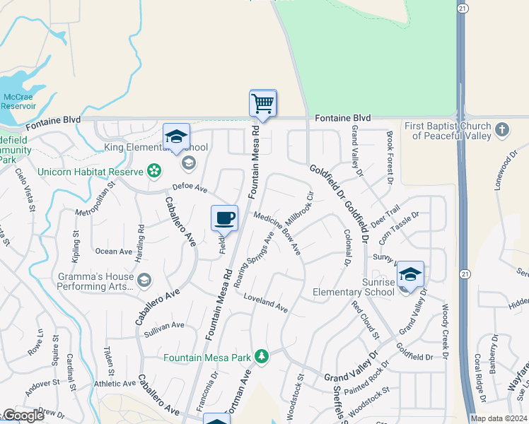 map of restaurants, bars, coffee shops, grocery stores, and more near 6805 Medicine Bow Avenue in Fountain