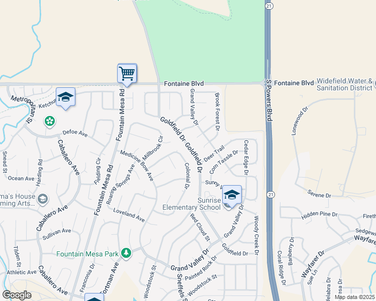 map of restaurants, bars, coffee shops, grocery stores, and more near 6820 Goldfield Drive in Colorado Springs