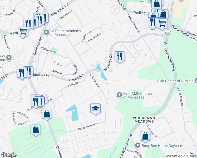 map of restaurants, bars, coffee shops, grocery stores, and more near 10221 Foxborough Court in Manassas