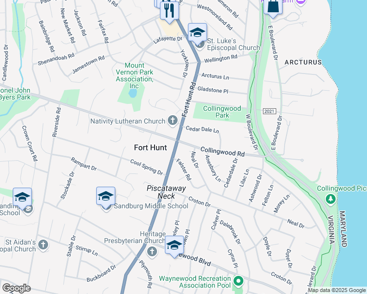 map of restaurants, bars, coffee shops, grocery stores, and more near 1205 Collingwood Road in Alexandria