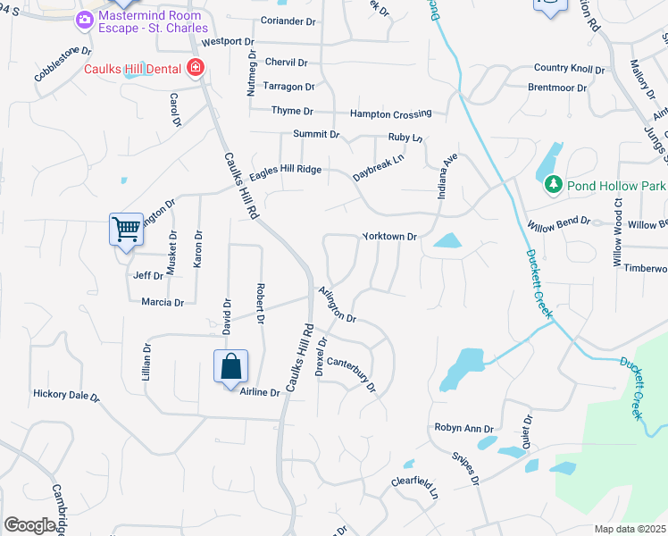 map of restaurants, bars, coffee shops, grocery stores, and more near 1116 Saratoga Drive in Saint Charles