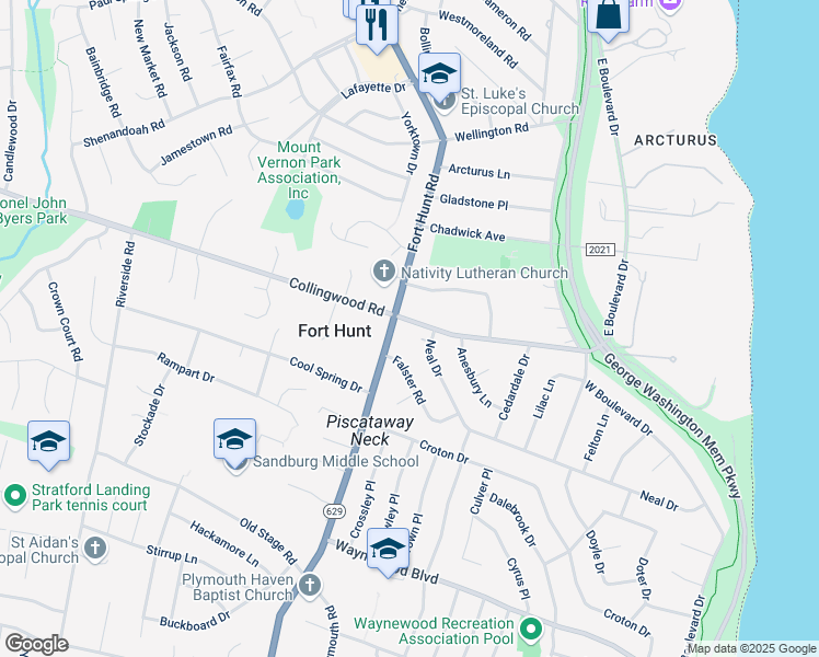 map of restaurants, bars, coffee shops, grocery stores, and more near 1205 Collingwood Road in Alexandria