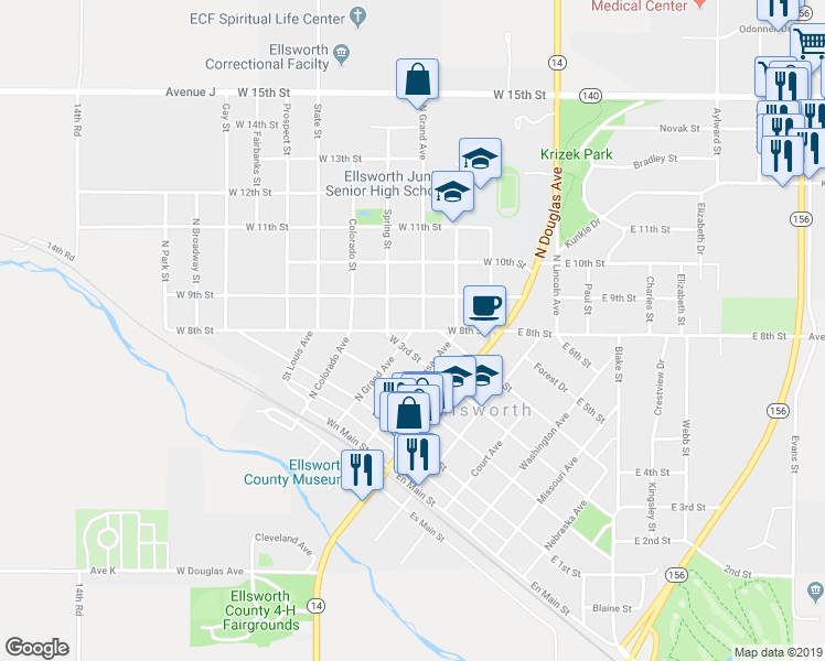 map of restaurants, bars, coffee shops, grocery stores, and more near West 8th Street in Ellsworth