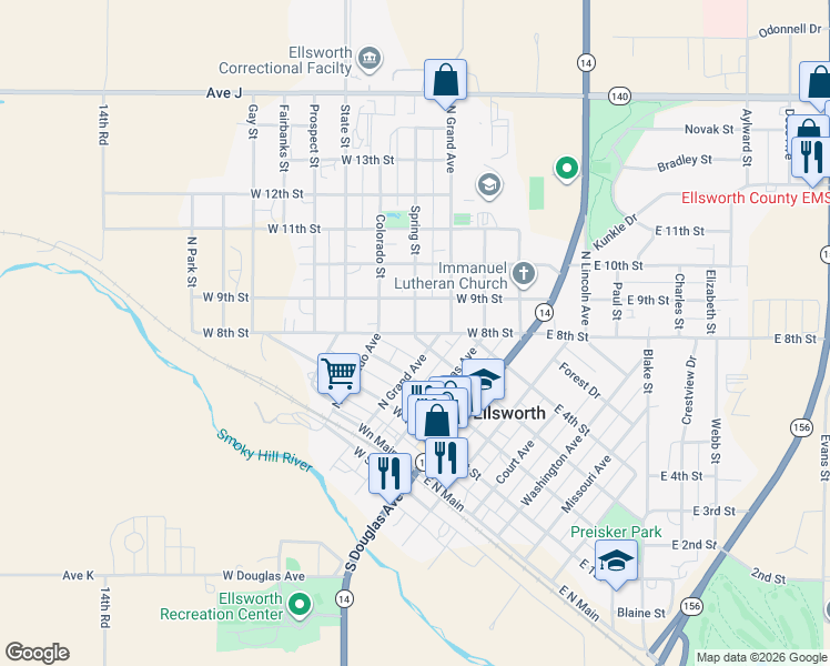 map of restaurants, bars, coffee shops, grocery stores, and more near 401 West 8th Street in Ellsworth