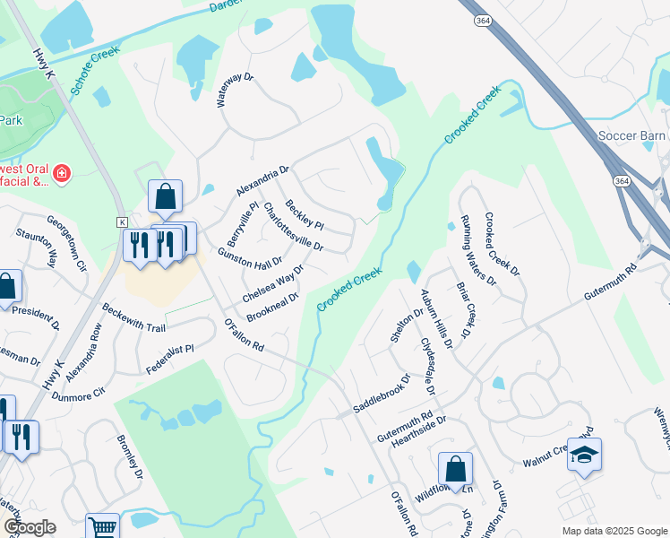 map of restaurants, bars, coffee shops, grocery stores, and more near 78 Morgantown Court in Saint Charles