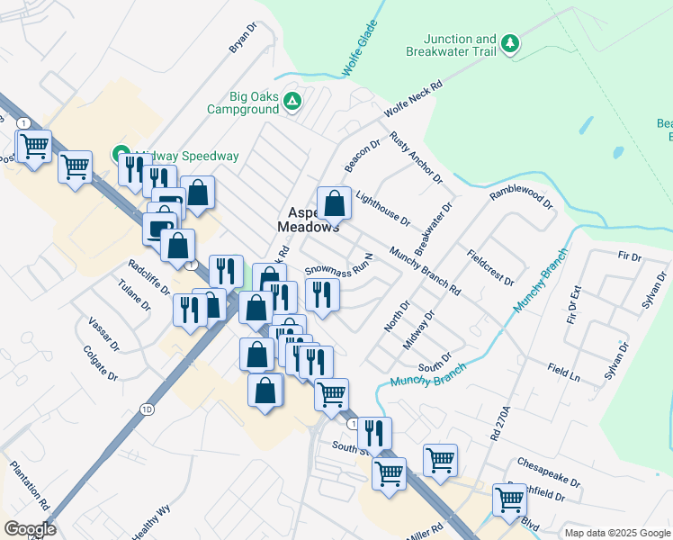 map of restaurants, bars, coffee shops, grocery stores, and more near 35627 Snowmass Run North in Rehoboth Beach