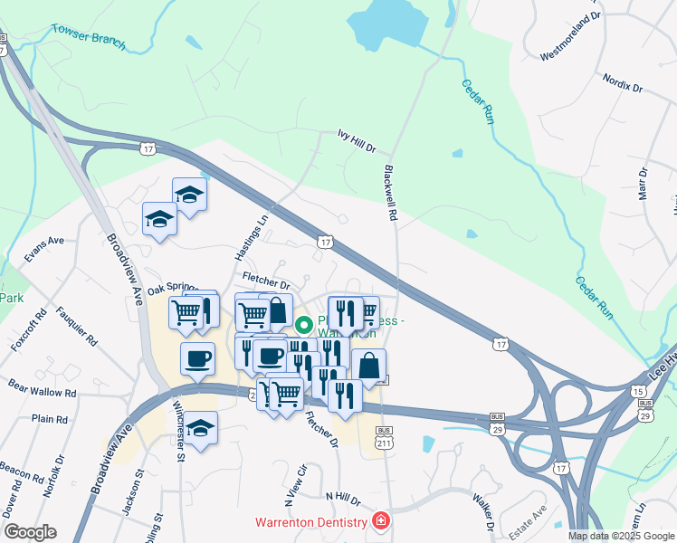 map of restaurants, bars, coffee shops, grocery stores, and more near 769 Cherry Tree Lane in Warrenton