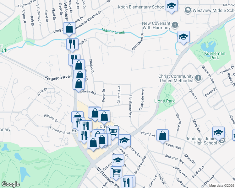 map of restaurants, bars, coffee shops, grocery stores, and more near 2901 Solway Avenue in Jennings