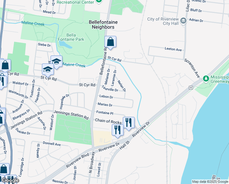 map of restaurants, bars, coffee shops, grocery stores, and more near 826 Teurville Drive in St. Louis