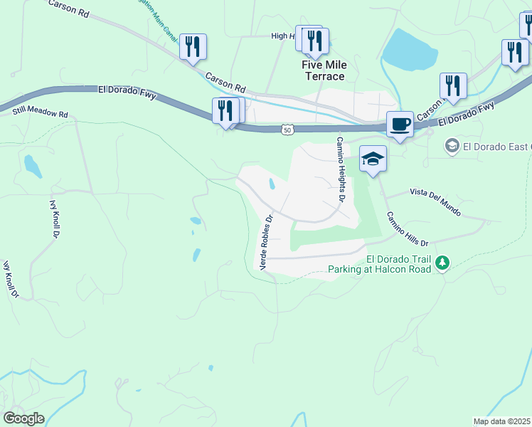 map of restaurants, bars, coffee shops, grocery stores, and more near 3116 Verde Robles Drive in Camino