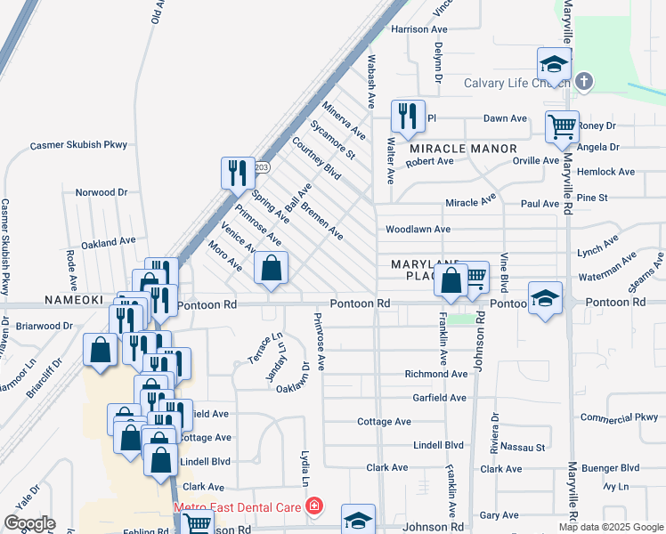map of restaurants, bars, coffee shops, grocery stores, and more near 1820 Spring Avenue in Granite City