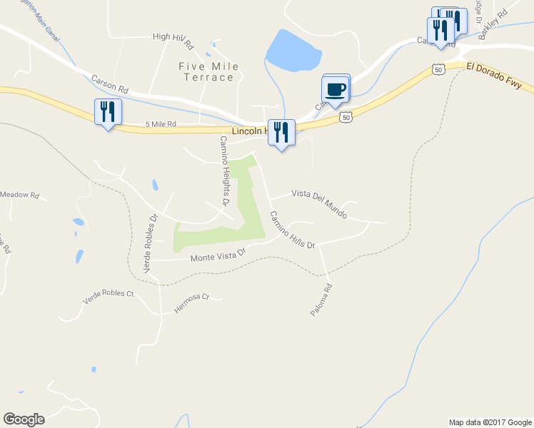 map of restaurants, bars, coffee shops, grocery stores, and more near 3594 Camino Hills Drive in Camino