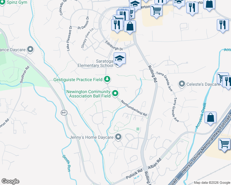 map of restaurants, bars, coffee shops, grocery stores, and more near 8262 Getty Court in Springfield