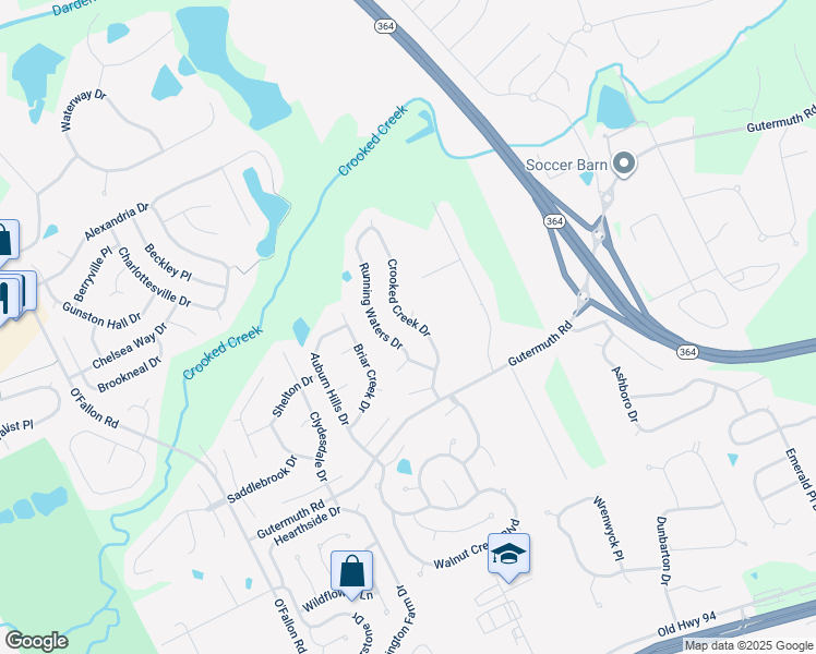 map of restaurants, bars, coffee shops, grocery stores, and more near 1151 Crooked Creek Drive in Saint Charles