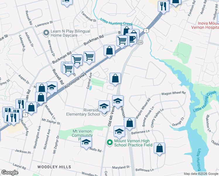 map of restaurants, bars, coffee shops, grocery stores, and more near 3604 Derwood Lane in Alexandria