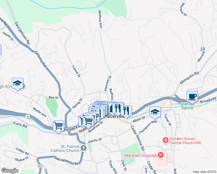 map of restaurants, bars, coffee shops, grocery stores, and more near 2928 Bedford Avenue in Placerville
