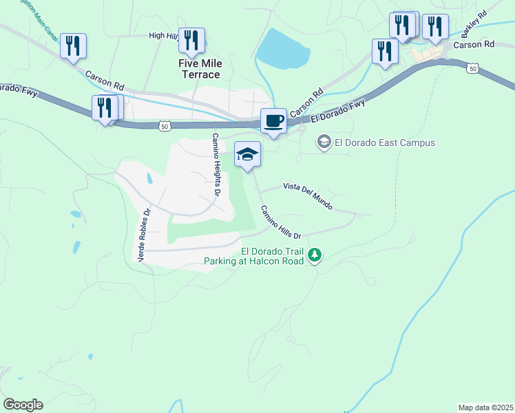 map of restaurants, bars, coffee shops, grocery stores, and more near 3594 Camino Hills Drive in Camino