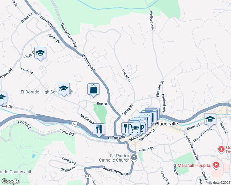 map of restaurants, bars, coffee shops, grocery stores, and more near 871 Green Street in Placerville