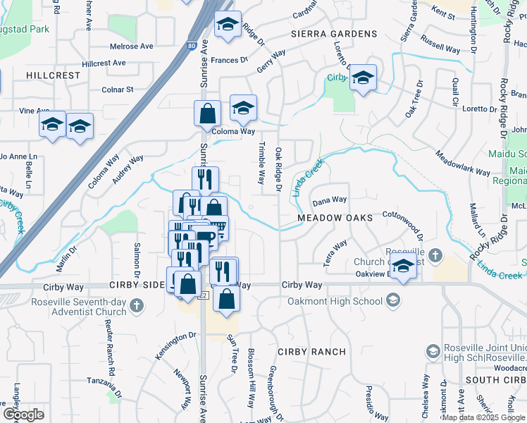 map of restaurants, bars, coffee shops, grocery stores, and more near 930 Oak Ridge Drive in Roseville