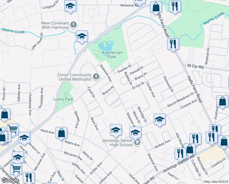 map of restaurants, bars, coffee shops, grocery stores, and more near 2527 Shannon Avenue in Jennings