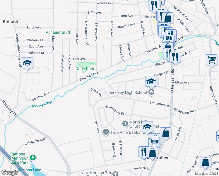 map of restaurants, bars, coffee shops, grocery stores, and more near 806 Marvin Avenue in Ferguson
