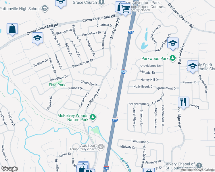 map of restaurants, bars, coffee shops, grocery stores, and more near 2750 McKelvey Road in Maryland Heights