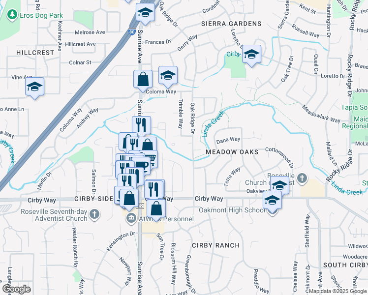 map of restaurants, bars, coffee shops, grocery stores, and more near 930 Oak Ridge Drive in Roseville