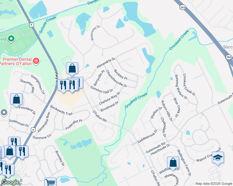 map of restaurants, bars, coffee shops, grocery stores, and more near 71 Morgantown Court in Saint Charles