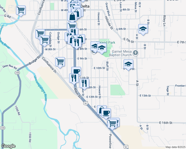 map of restaurants, bars, coffee shops, grocery stores, and more near 1040 Grand Avenue in Delta