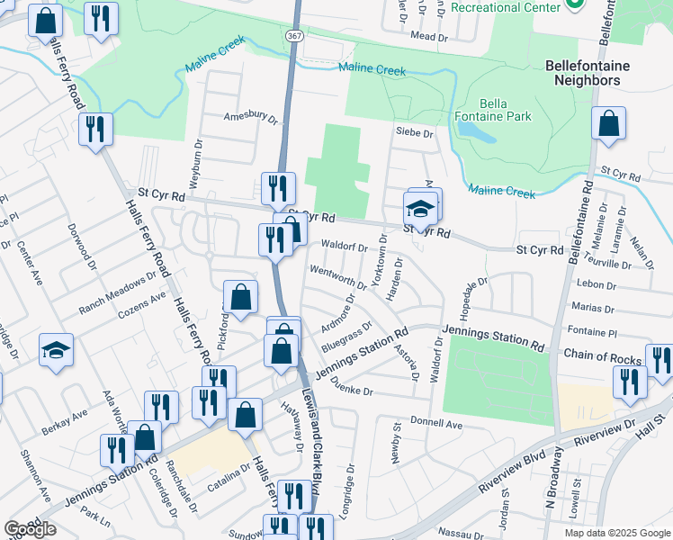 map of restaurants, bars, coffee shops, grocery stores, and more near 9401 Acosta Drive in St. Louis