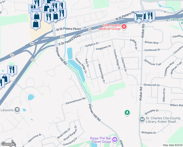 map of restaurants, bars, coffee shops, grocery stores, and more near 1334 Kyle Drive in Saint Charles