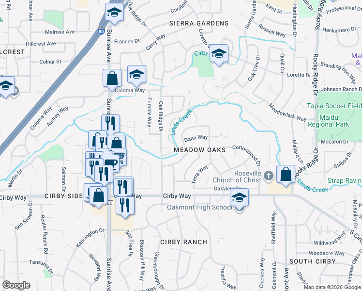 map of restaurants, bars, coffee shops, grocery stores, and more near 1006 Charleston Circle in Roseville